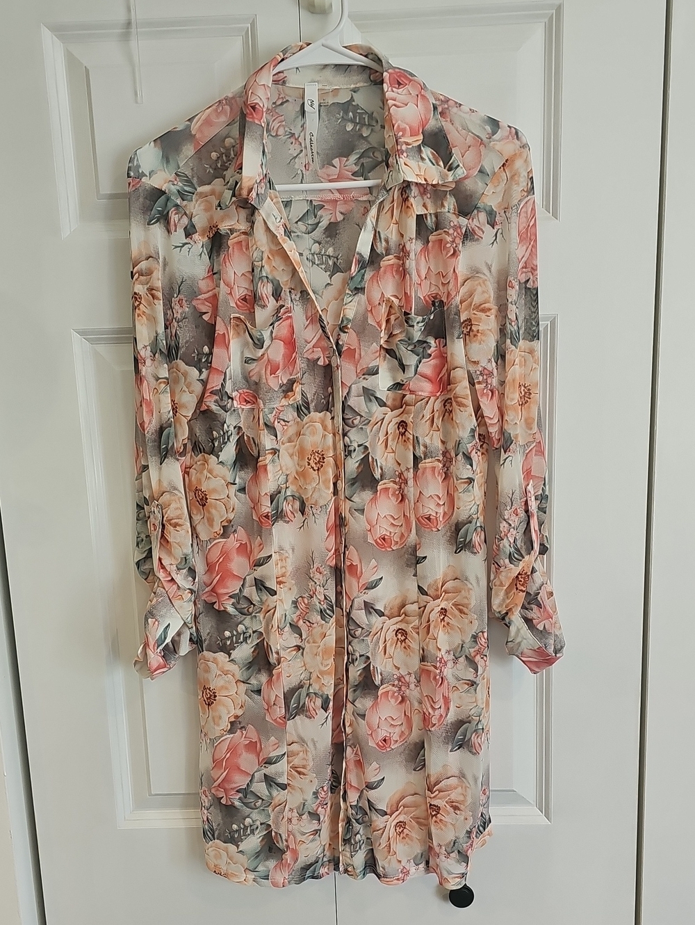 NY Collection Floral Button-Down Blouse in Pink, Cream, Green
